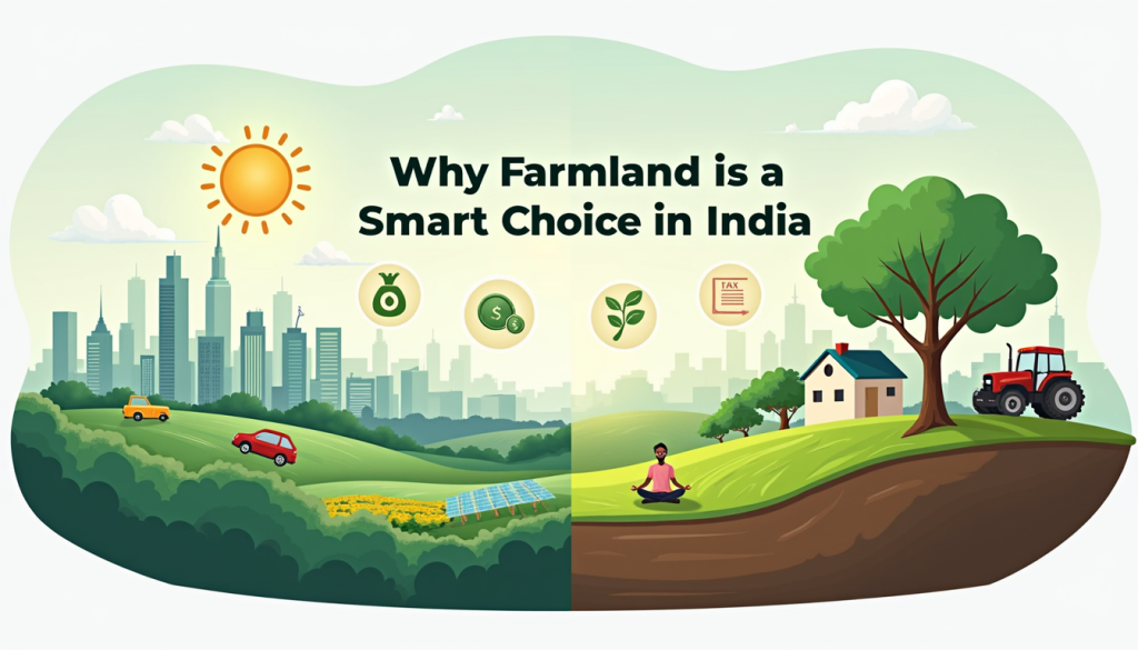 "Illustration showing contrast between urban cityscape and peaceful farmland, highlighting benefits of agricultural land investment in India."