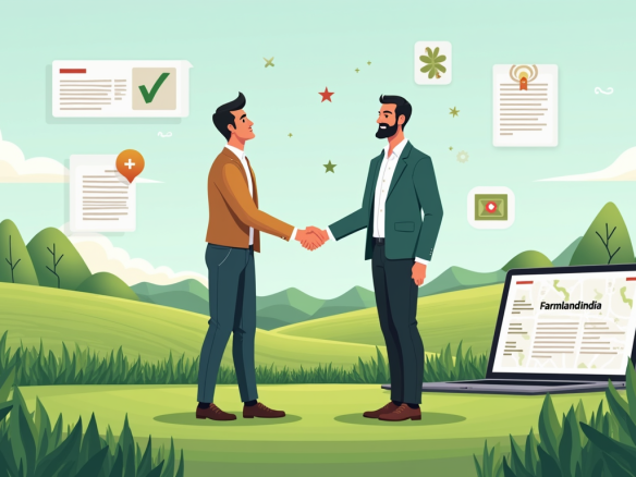 Illustration of an investor finalizing a farmland deal through a verified platform in India, showcasing legal security and digital ease.