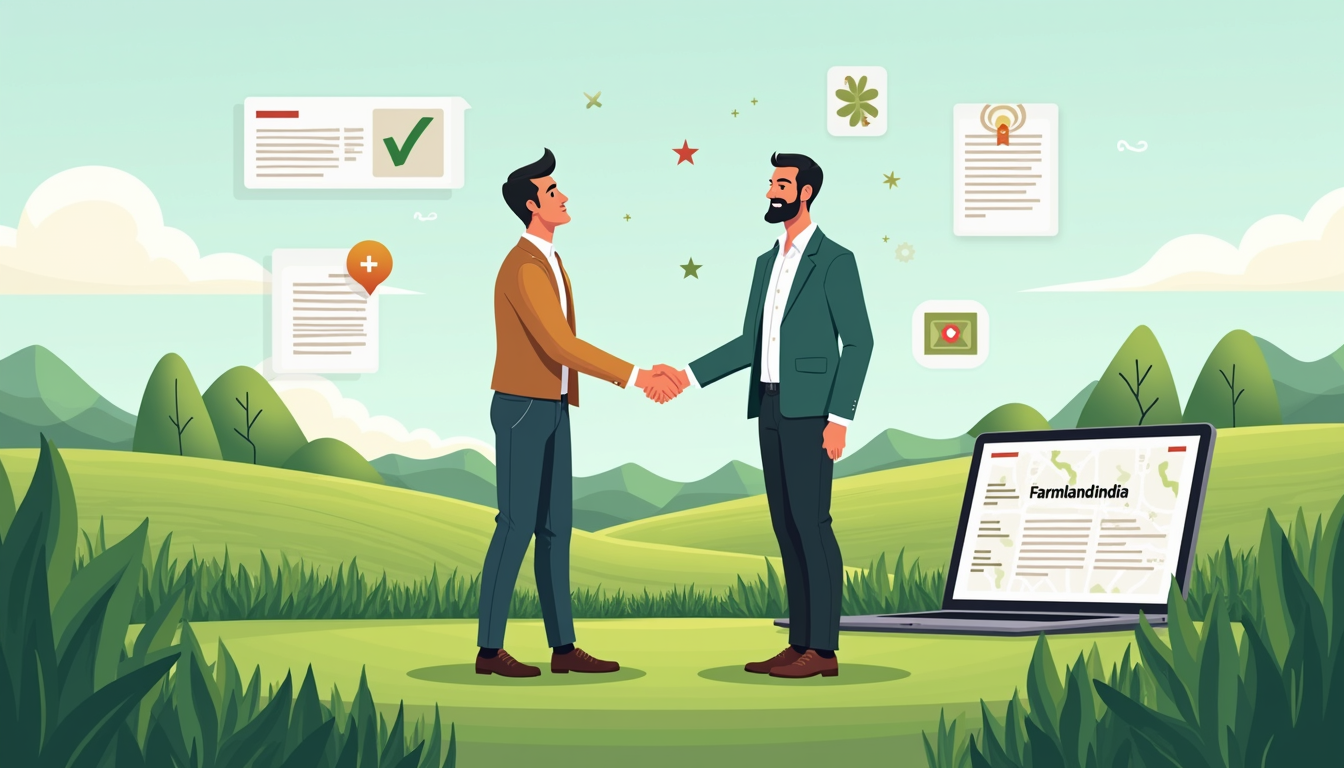 Illustration of an investor finalizing a farmland deal through a verified platform in India, showcasing legal security and digital ease.