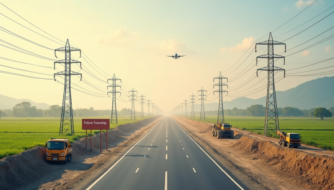 Illustration of Indian farmland transitioning into a developing urban area, with infrastructure projects and real estate growth in view.