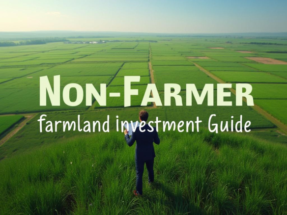 Aerial view of agricultural land plots with a businessman holding land documents – Non-Farmer Farmland Investment concept.