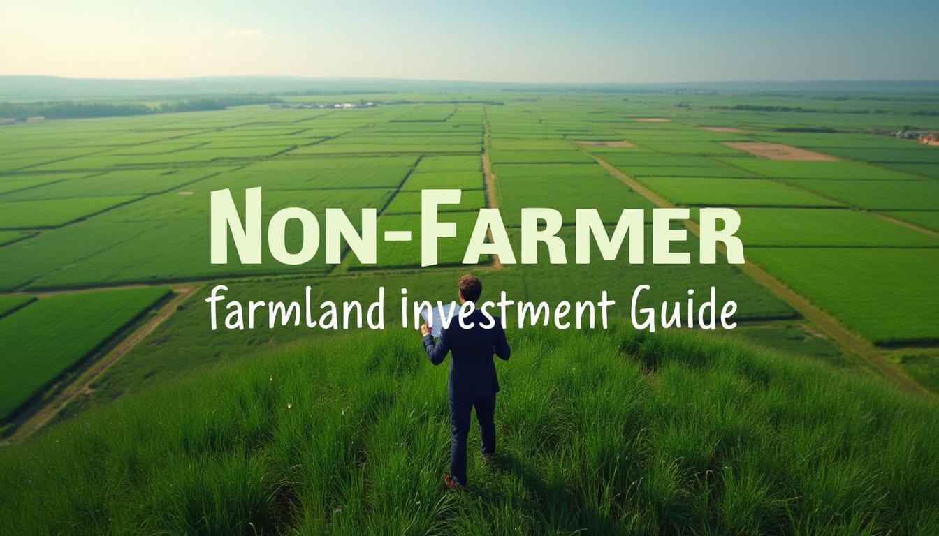 Aerial view of agricultural land plots with a businessman holding land documents – Non-Farmer Farmland Investment concept.