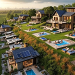 Modern farmhouse communities with luxury homes, green landscapes, and private amenities set in a serene rural environment near the city.