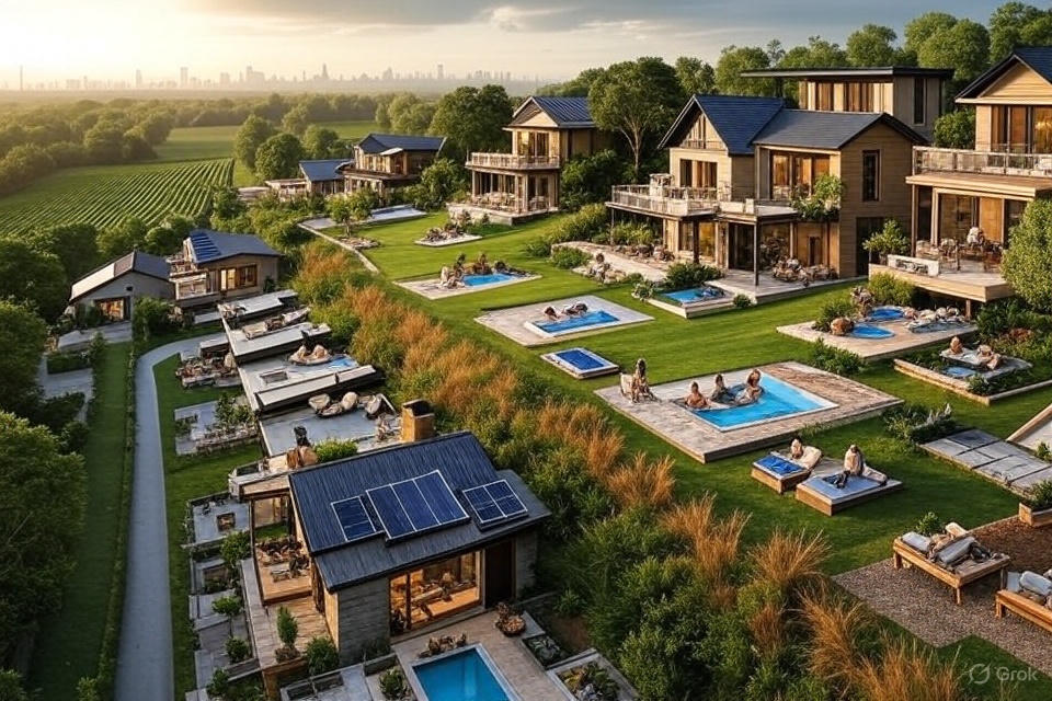 Modern farmhouse communities with luxury homes, green landscapes, and private amenities set in a serene rural environment near the city.