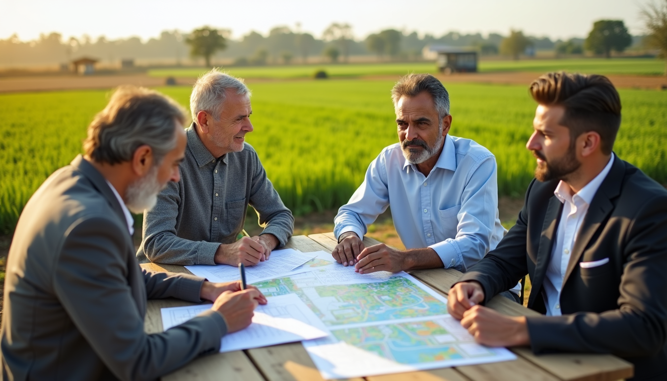 Indian couple consulting a lawyer on farmland purchase with legal documents and green fields in the background.