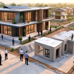 Luxury farmhouse project with green infrastructure, zoning maps, and investors discussing legal documents in a semi-rural landscape.