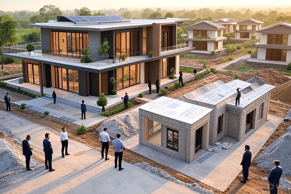 Luxury farmhouse project with green infrastructure, zoning maps, and investors discussing legal documents in a semi-rural landscape.