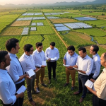Investors and legal experts examining documents near large land parcels in India, with zoning maps and warning signs indicating legal risks.