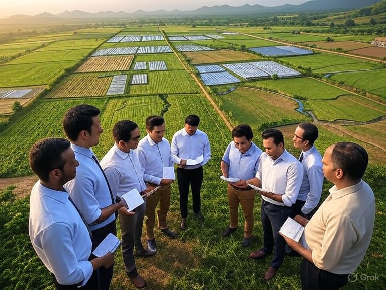 Investors and legal experts examining documents near large land parcels in India, with zoning maps and warning signs indicating legal risks.