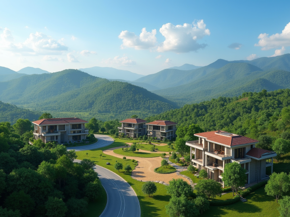 Drone view of a luxury farmhouse in the hills – ideal for investors looking to buy farmhouse in India for sustainable and serene living.