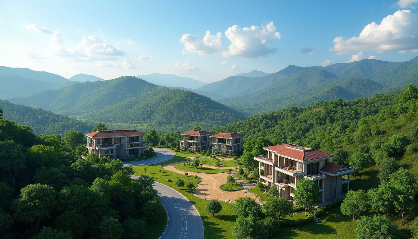 Drone view of a luxury farmhouse in the hills – ideal for investors looking to buy farmhouse in India for sustainable and serene living.