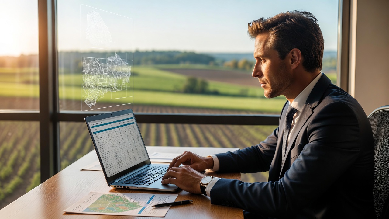How to Choose the Right Agency for Buying Land Online?- Professional, high-resolution image of a confident investor reviewing land documents on a laptop, farmland landscape visible in the background, subtle map overlays and legal paperwork on desk, warm natural lighting, modern office setting, realistic style, clean composition, conveys trust, transparency, and digital land buying, no text, no watermark, 16:9 aspect ratio.