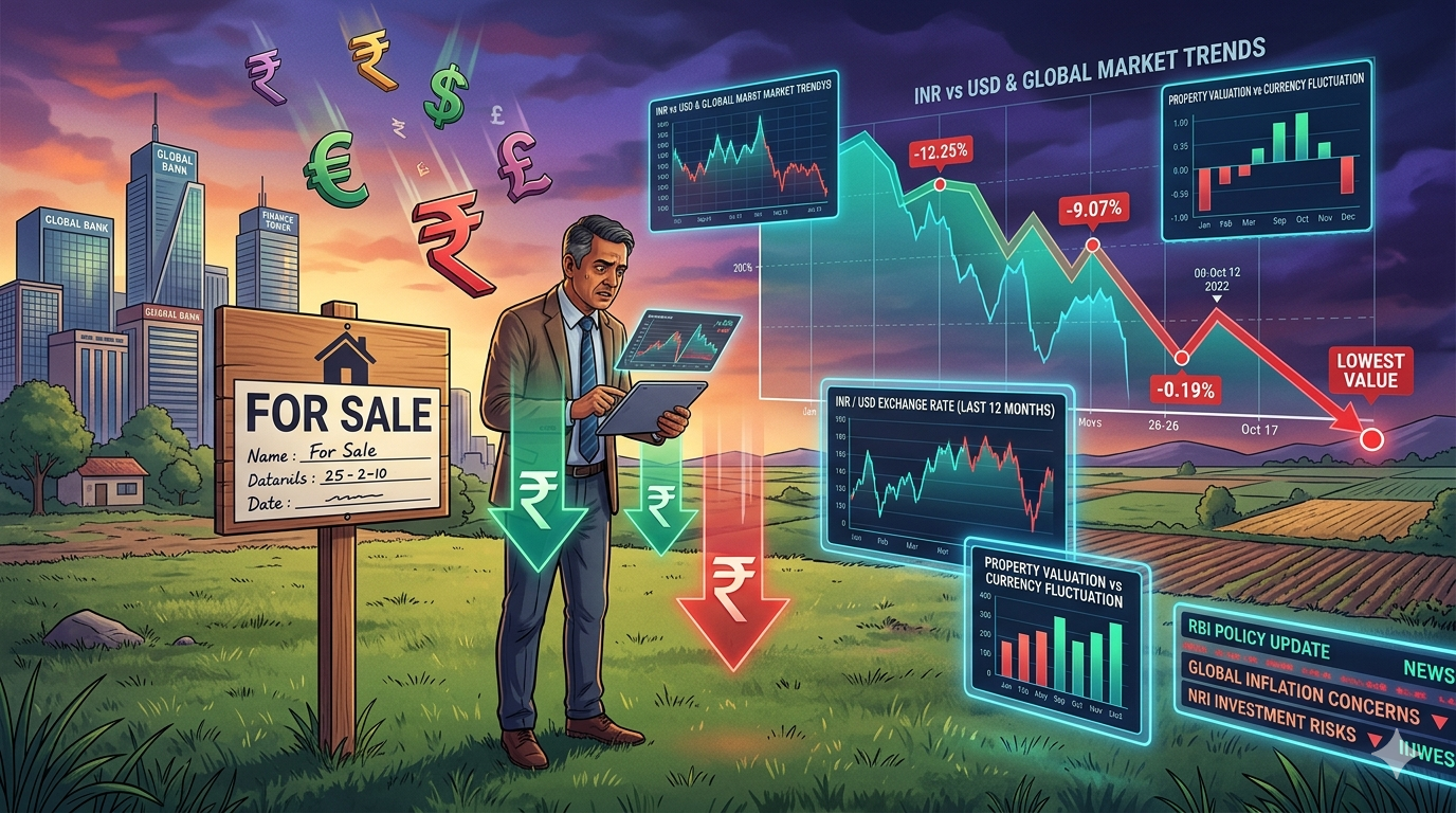 Landscape stock image showing a worried NRI investor looking at falling Indian rupee symbols while standing beside a plot of land with a “For Sale” board. In the background, a city skyline and farmland merge together, with a large financial graph trending downward and currency symbols floating in the air. Visual elements of currency exchange rates, global markets, and property valuation charts appear on digital screens. Dramatic lighting, modern financial infographic style, high detail, professional editorial illustration, 16:9 landscape. - What Happens to My Land Value When the Rupee Keeps Dropping Yearly?